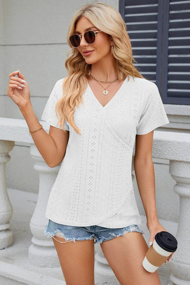 Solid color V-neck cross loose short sleeved T-shirt top for women - OFEBHS.PT