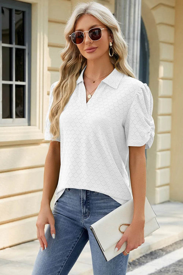 Spring and summer new solid color V-neck short sleeved loose T-shirt top for women - OFEBHS.PT