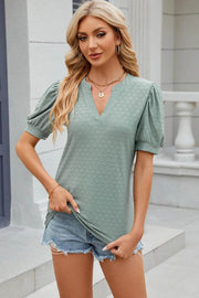 Solid color V-neck bubble sleeve short sleeved loose T-shirt top for women - OFEBHS.PT
