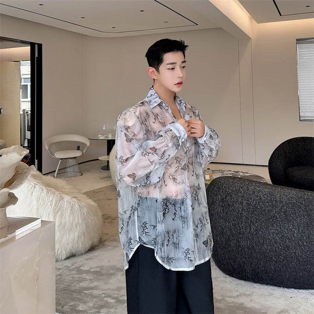 New Chinese style anti rustling traditional Chinese painting landscape, bamboo flower shaped shirt for men - OFEBHS.PT
