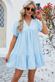Spring and summer new solid color V-neck loose pleated dress for women - OFEBHS.PT