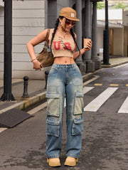 Retro Nostalgic Washed Multi-pocket Cargo Pants Straight Jeans - OFEBHS.PT