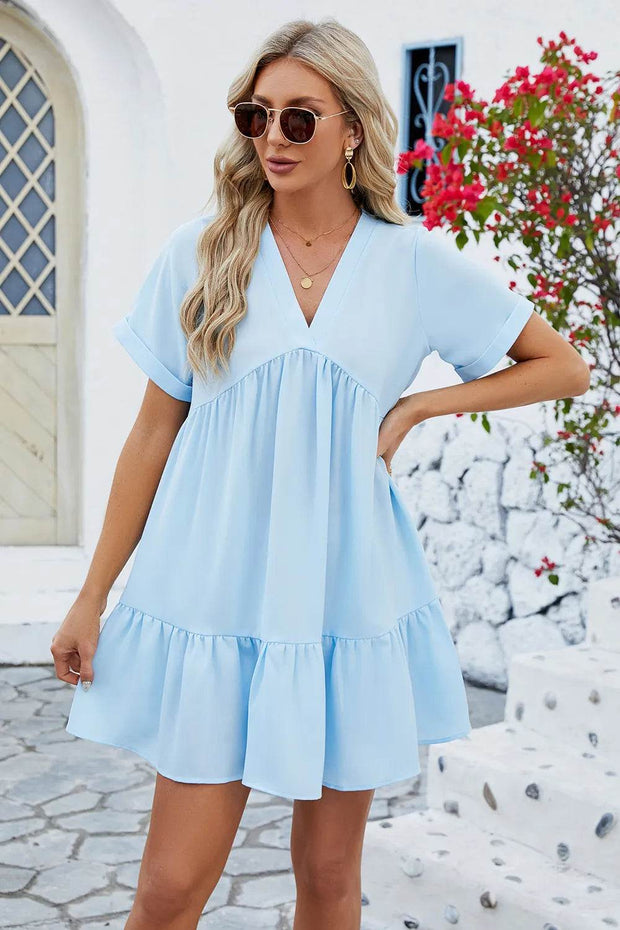 Spring and summer new solid color V-neck loose pleated dress for women - OFEBHS.PT
