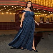 Off-shoulder New Plus Size Art Exam Host Dress Navy Blue - OFEBHS.PT
