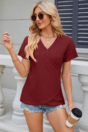 Solid color V-neck cross loose short sleeved T-shirt top for women - OFEBHS.PT