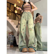 High Waist Painted Raw Edge Ripped Wide Leg Jeans For Women Loose Drape Straight Floor-length Trousers