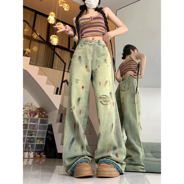 High Waist Painted Raw Edge Ripped Wide Leg Jeans For Women Loose Drape Straight Floor-length Trousers