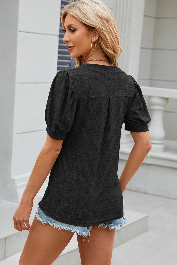 Solid color V-neck bubble sleeve short sleeved loose T-shirt top for women - OFEBHS.PT