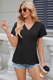 Solid color V-neck cross loose short sleeved T-shirt top for women - OFEBHS.PT