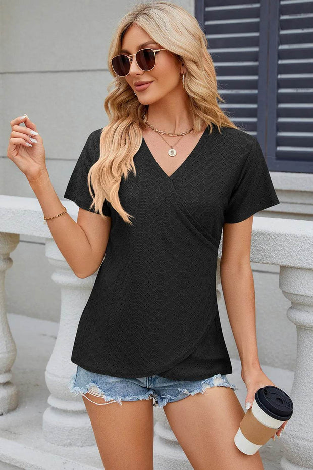 Solid color V-neck cross loose short sleeved T-shirt top for women - OFEBHS.PT