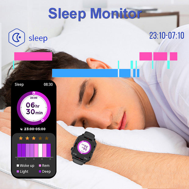 Sleep monitoring features displayed on smartwatch while a man sleeps peacefully.