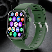 Green Bluetooth sports smartwatch with touchscreen display and multiple app icons.