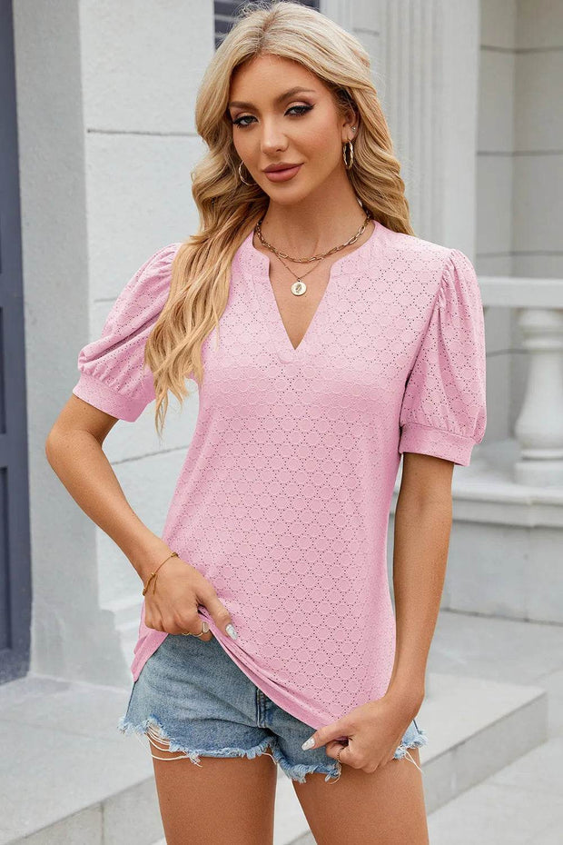 Solid color V-neck bubble sleeve short sleeved loose T-shirt top for women - OFEBHS.PT