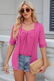 Spring/Summer New Solid Color Square Collar Splicing Button Mid Sleeve T-shirt for Women - OFEBHS.PT