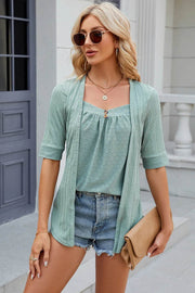 Spring/Summer New Solid Color Square Collar Splicing Button Mid Sleeve T-shirt for Women - OFEBHS.PT
