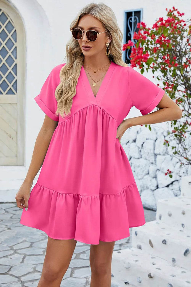 Spring and summer new solid color V-neck loose pleated dress for women - OFEBHS.PT