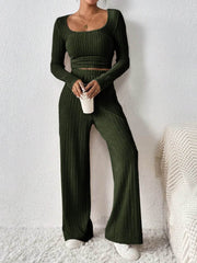 Scoop Neck Long Sleeve Top and Pants Set - OFEBHS.PT