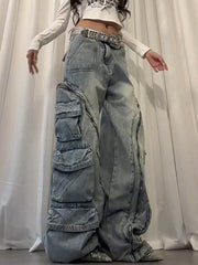 Washed multi pocket workwear jeans women's street straight leg loose wide leg pants - OFEBHS.PT