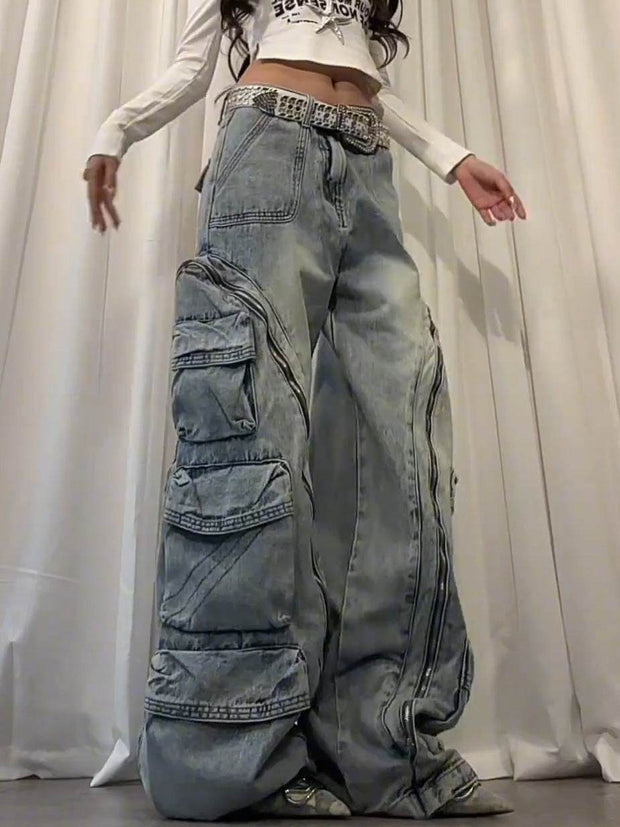 Washed multi pocket workwear jeans women's street straight leg loose wide leg pants - OFEBHS.PT