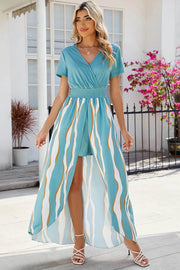 V-neck short sleeved waist cinched jumpsuit dress for women - OFEBHS.PT