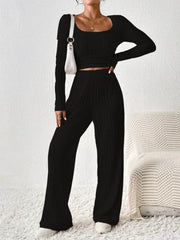 Scoop Neck Long Sleeve Top and Pants Set - OFEBHS.PT