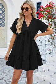Spring and summer new solid color V-neck loose pleated dress for women - OFEBHS.PT