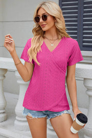 Solid color V-neck cross loose short sleeved T-shirt top for women - OFEBHS.PT