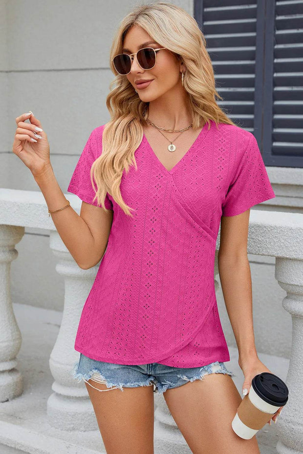 Solid color V-neck cross loose short sleeved T-shirt top for women - OFEBHS.PT