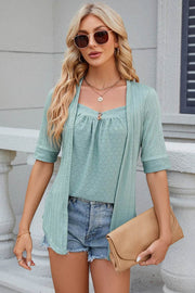 Spring/Summer New Solid Color Square Collar Splicing Button Mid Sleeve T-shirt for Women - OFEBHS.PT