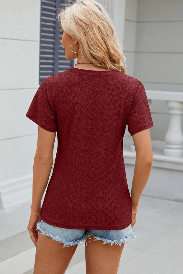 Solid color V-neck cross loose short sleeved T-shirt top for women - OFEBHS.PT