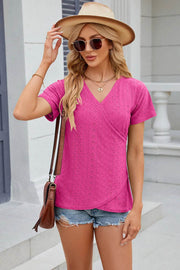 Solid color V-neck cross loose short sleeved T-shirt top for women - OFEBHS.PT