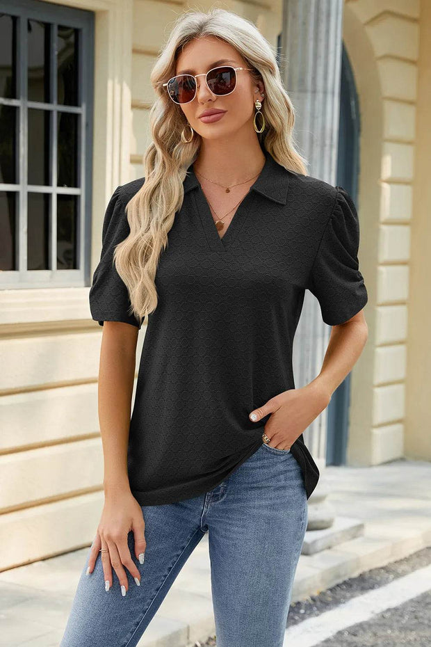Spring and summer new solid color V-neck short sleeved loose T-shirt top for women - OFEBHS.PT