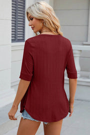 Spring/Summer New Solid Color Square Collar Splicing Button Mid Sleeve T-shirt for Women - OFEBHS.PT