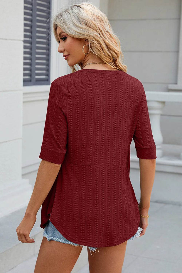 Spring/Summer New Solid Color Square Collar Splicing Button Mid Sleeve T-shirt for Women - OFEBHS.PT
