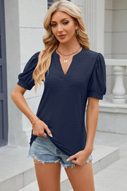 Solid color V-neck bubble sleeve short sleeved loose T-shirt top for women - OFEBHS.PT