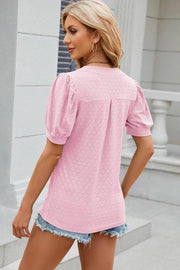 Solid color V-neck bubble sleeve short sleeved loose T-shirt top for women - OFEBHS.PT