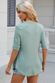 Spring/Summer New Solid Color Square Collar Splicing Button Mid Sleeve T-shirt for Women - OFEBHS.PT
