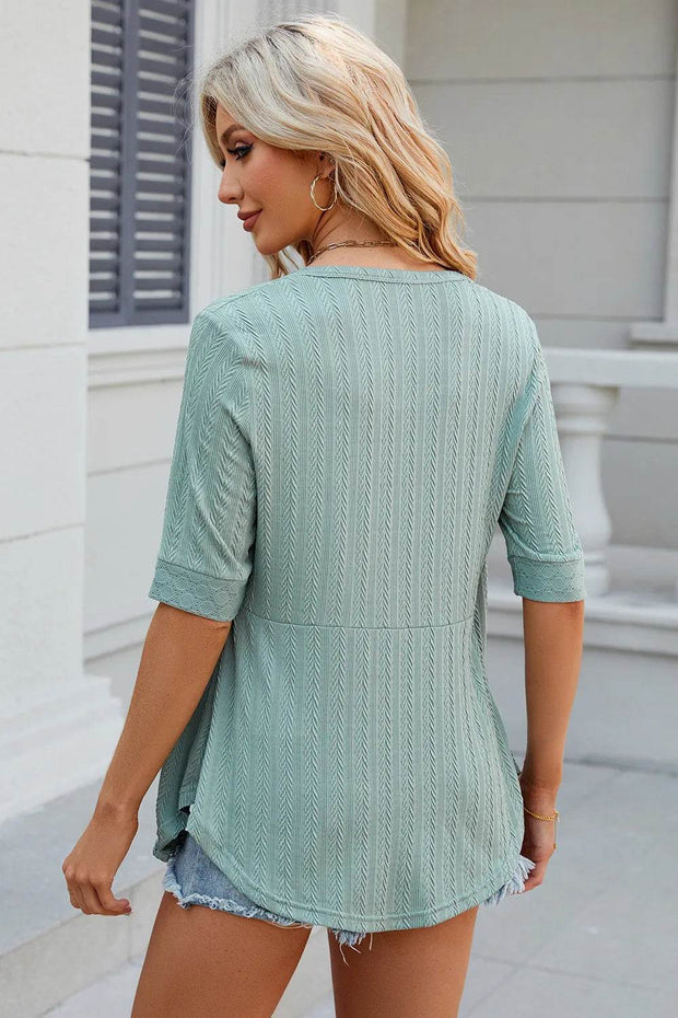Spring/Summer New Solid Color Square Collar Splicing Button Mid Sleeve T-shirt for Women - OFEBHS.PT