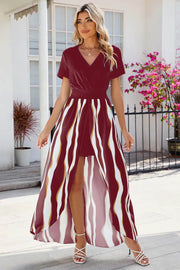 V-neck short sleeved waist cinched jumpsuit dress for women - OFEBHS.PT