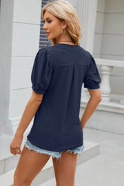 Solid color V-neck bubble sleeve short sleeved loose T-shirt top for women - OFEBHS.PT