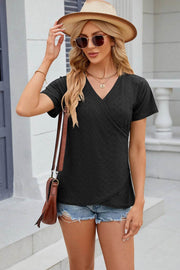 Solid color V-neck cross loose short sleeved T-shirt top for women - OFEBHS.PT