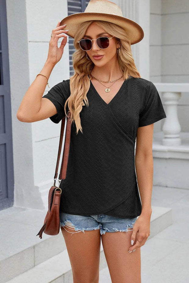Solid color V-neck cross loose short sleeved T-shirt top for women - OFEBHS.PT