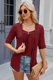 Spring/Summer New Solid Color Square Collar Splicing Button Mid Sleeve T-shirt for Women - OFEBHS.PT