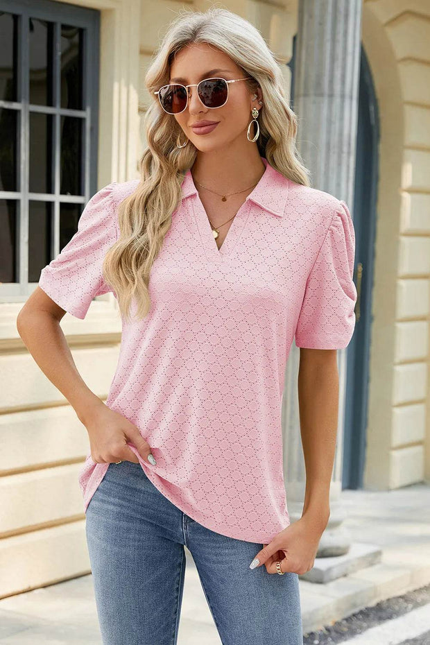 Spring and summer new solid color V-neck short sleeved loose T-shirt top for women - OFEBHS.PT