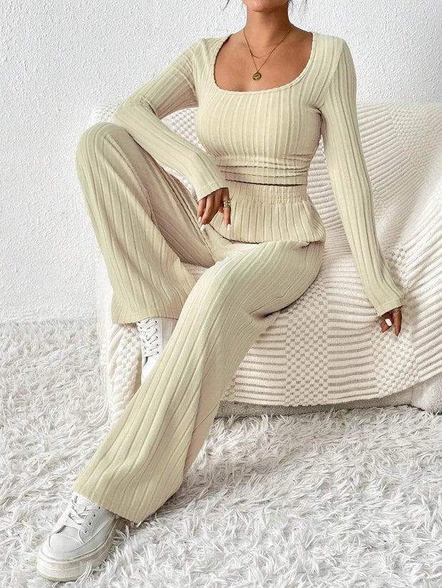 Scoop Neck Long Sleeve Top and Pants Set - OFEBHS.PT
