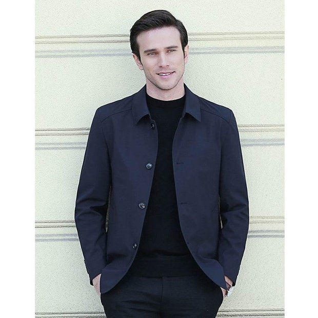 Men Jacket Elegant Men's Mid Length Business Jacket with Turn-down Collar Single-breasted Design for Fall Spring Seasons - OFEBHS.PT