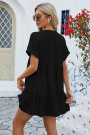Spring and summer new solid color V-neck loose pleated dress for women - OFEBHS.PT