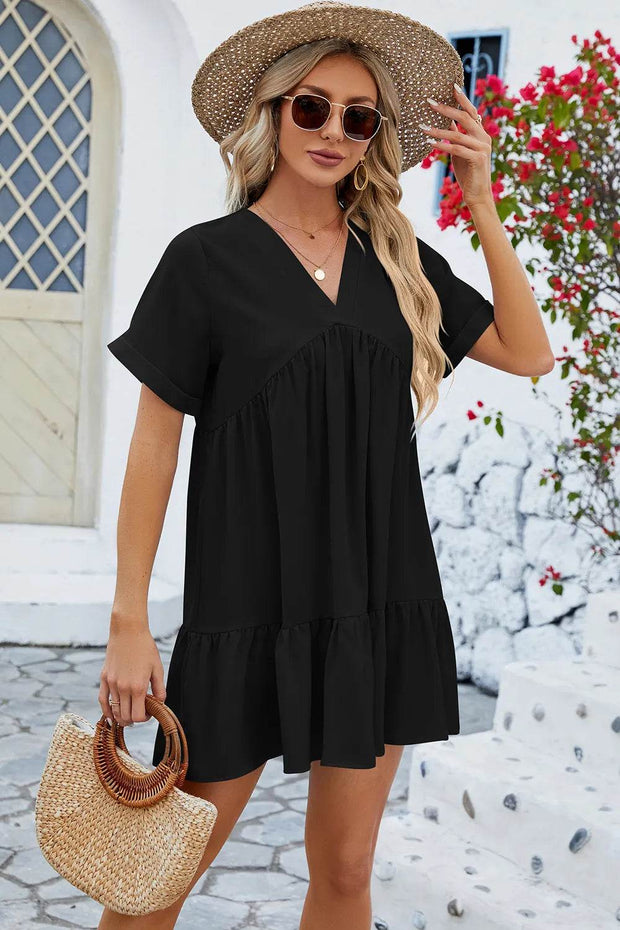 Spring and summer new solid color V-neck loose pleated dress for women - OFEBHS.PT