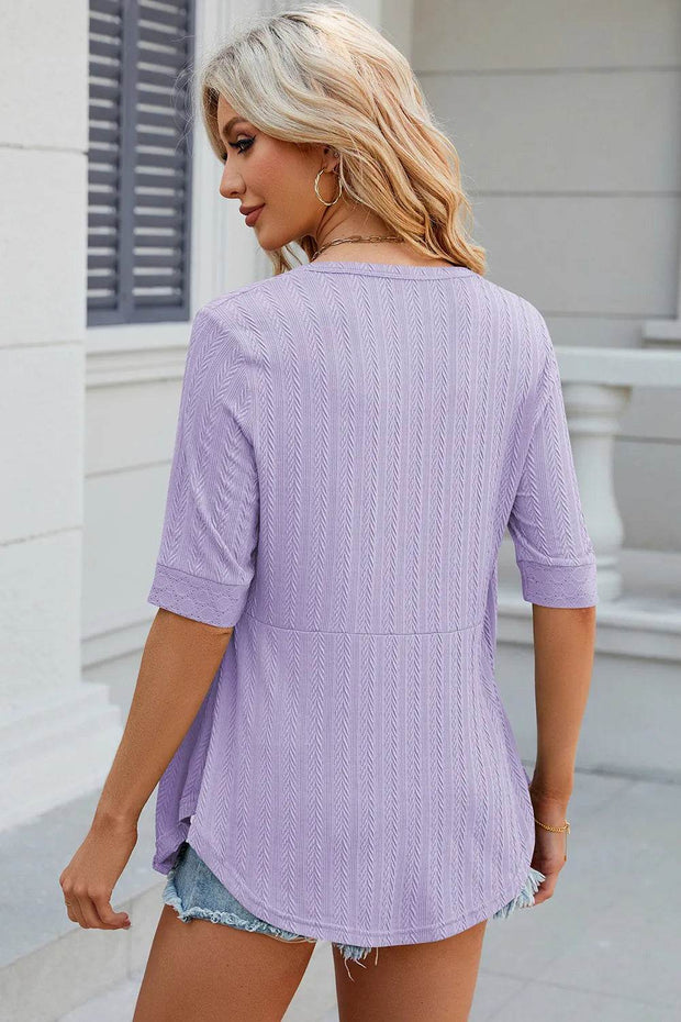 Spring/Summer New Solid Color Square Collar Splicing Button Mid Sleeve T-shirt for Women - OFEBHS.PT