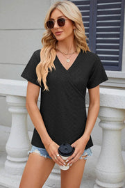 Solid color V-neck cross loose short sleeved T-shirt top for women - OFEBHS.PT